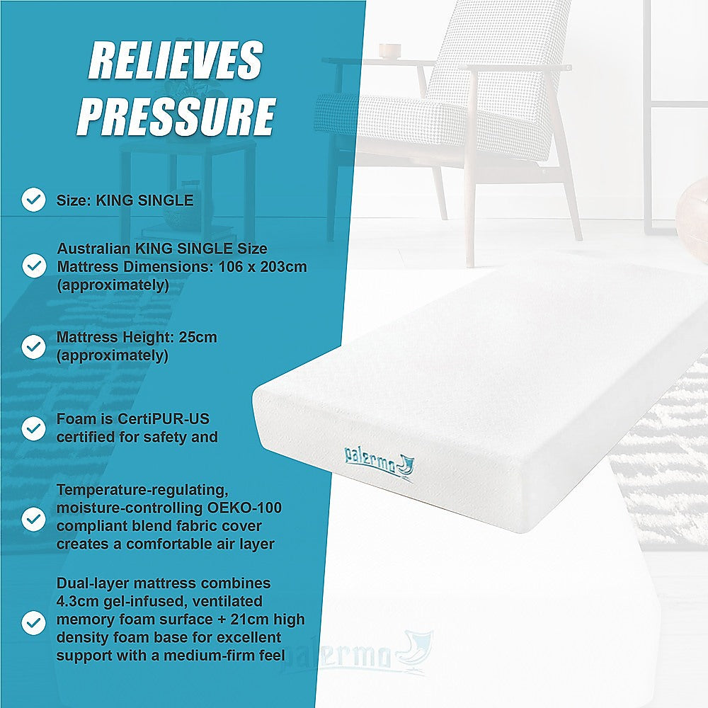 Medium firm gel memory foam mattress, 25cm king single