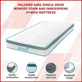 Medium firm memory foam hybrid mattress, 20cm king single