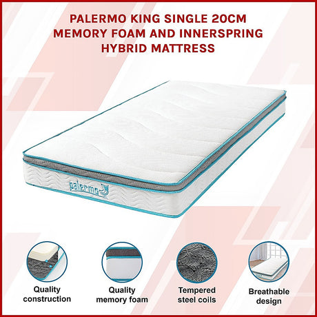 Medium firm memory foam hybrid mattress, 20cm king single