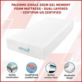 Medium firm gel memory foam mattress, 25cm single