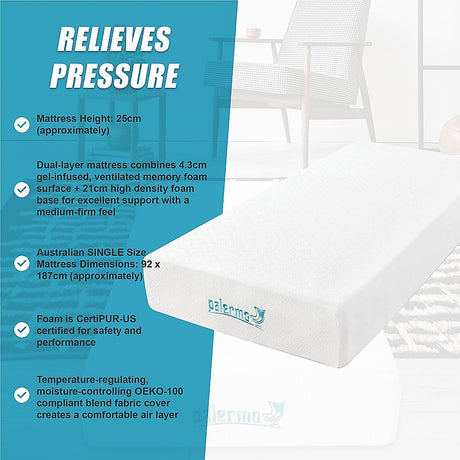 Medium firm gel memory foam mattress, 25cm single