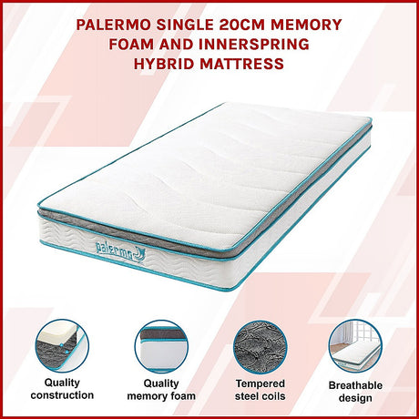 Medium Firm Memory Foam Hybrid Mattress, 20cm Single