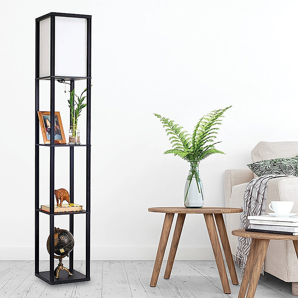 Black wooden three tier shelf floor lamp with off white shade