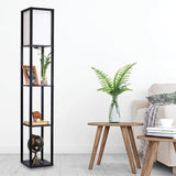 Black wooden three tier shelf floor lamp with off white shade
