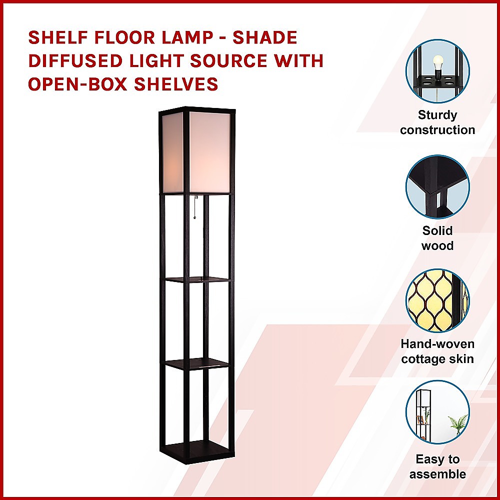 Black wooden three tier shelf floor lamp with off white shade