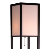 Black wooden three tier shelf floor lamp with off white shade