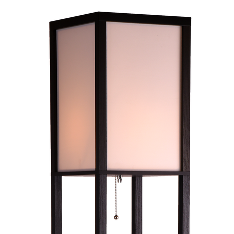 Black wooden three tier shelf floor lamp with off white shade