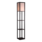 Black wooden three tier shelf floor lamp with off white shade