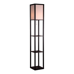 Black wooden three tier shelf floor lamp with off white shade