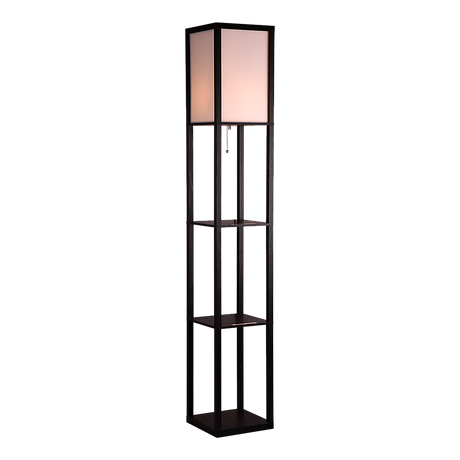 Black wooden three tier shelf floor lamp with off white shade