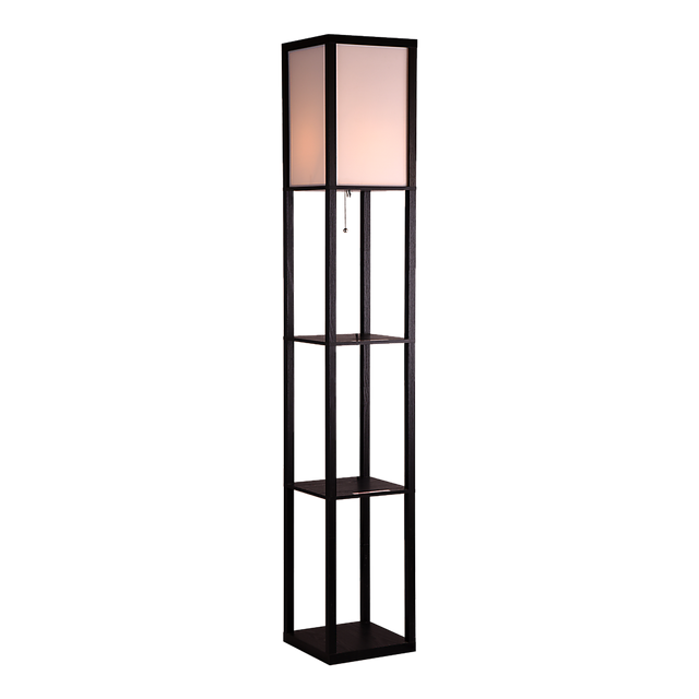 Black wooden three tier shelf floor lamp with off white shade