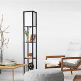 Black wooden three tier shelf floor lamp with off white shade