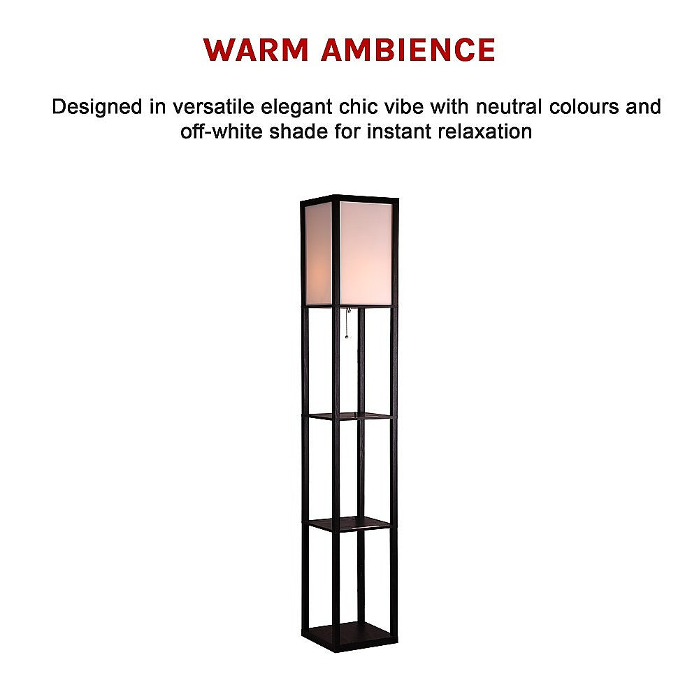Black wooden three tier shelf floor lamp with off white shade