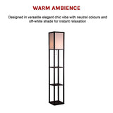 Black wooden three tier shelf floor lamp with off white shade