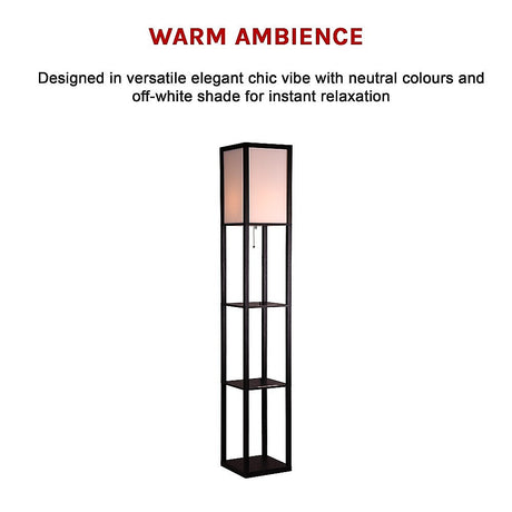 Black wooden three tier shelf floor lamp with off white shade