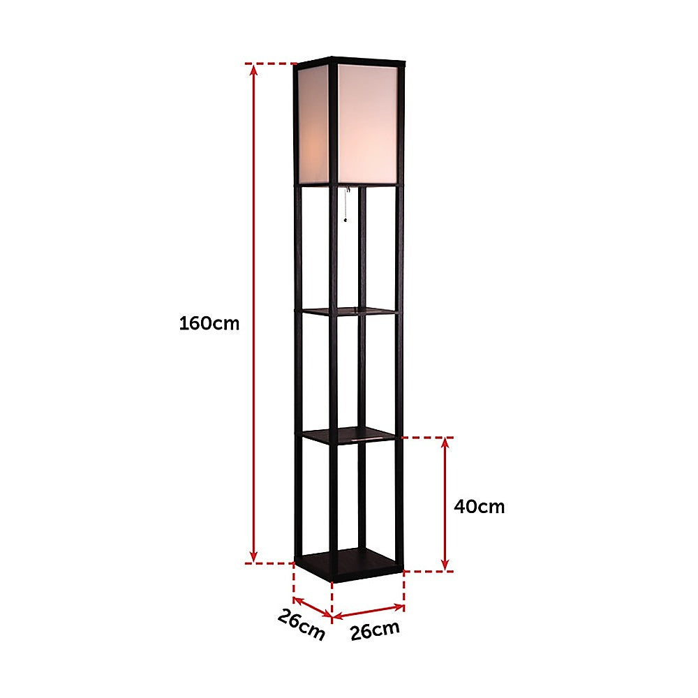 Black wooden three tier shelf floor lamp with off white shade