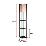Black wooden three tier shelf floor lamp with off white shade
