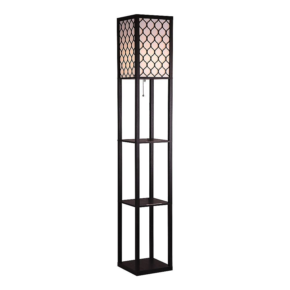 Black wooden three tier shelf floor lamp with off white shade