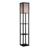Black wooden three tier shelf floor lamp with off white shade