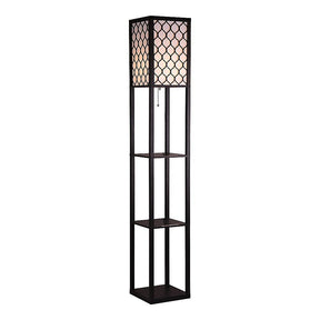 Black wooden three tier shelf floor lamp with off white shade