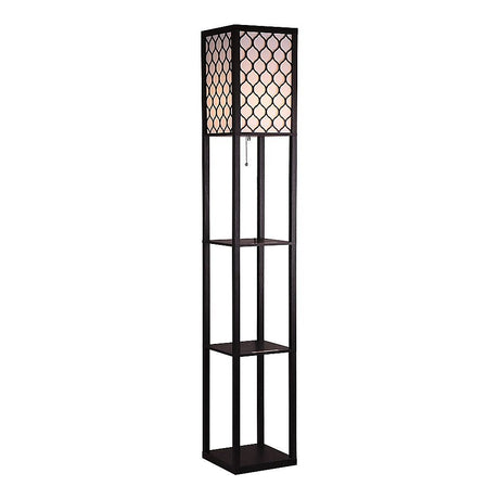 Black wooden three tier shelf floor lamp with off white shade