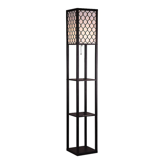 Black wooden three tier shelf floor lamp with off white shade