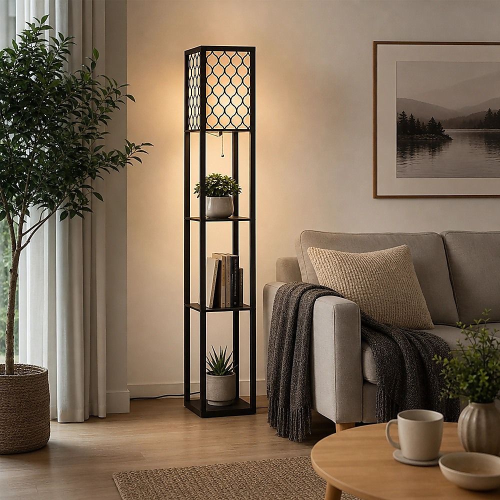 Black wooden three tier shelf floor lamp with off white shade