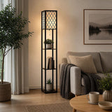 Black wooden three tier shelf floor lamp with off white shade