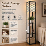 Black wooden three tier shelf floor lamp with off white shade