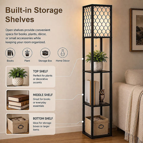 Black wooden three tier shelf floor lamp with off white shade