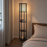 Black wooden three tier shelf floor lamp with off white shade