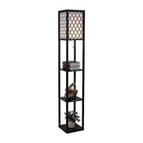 Black wooden three tier shelf floor lamp with off white shade