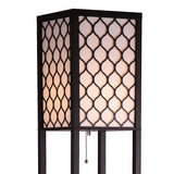 Black wooden three tier shelf floor lamp with off white shade