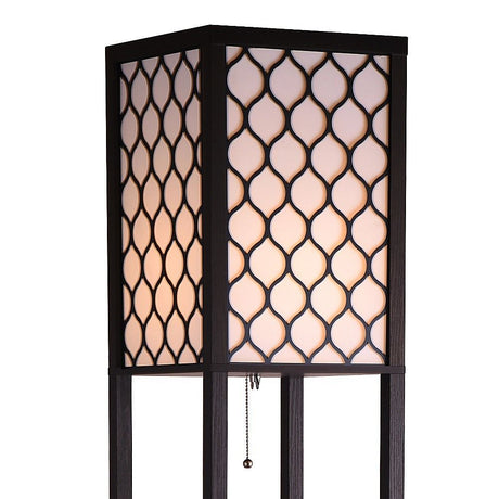 Black wooden three tier shelf floor lamp with off white shade