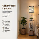 Black wooden three tier shelf floor lamp with off white shade