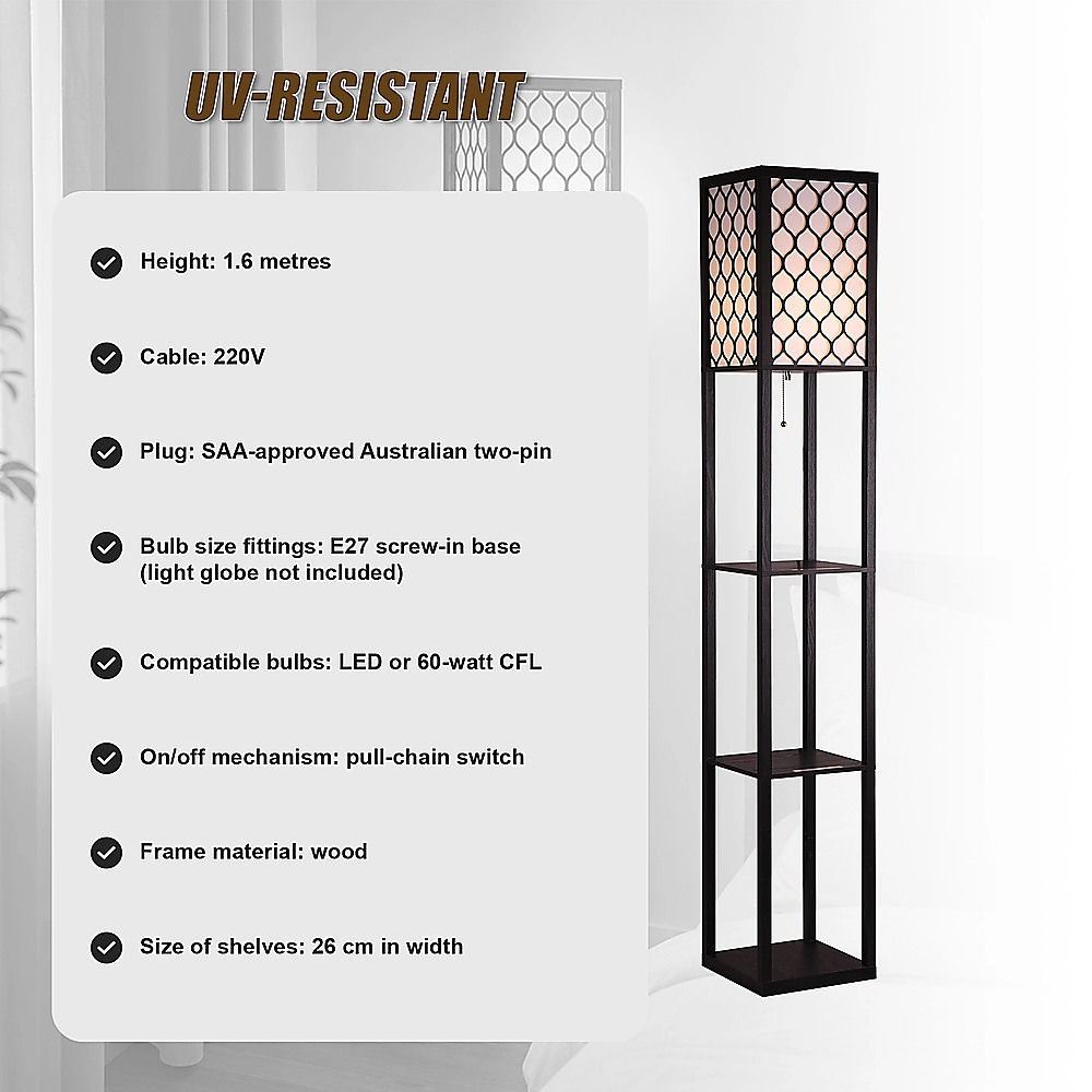 Black wooden three tier shelf floor lamp with off white shade
