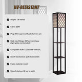 Black wooden three tier shelf floor lamp with off white shade