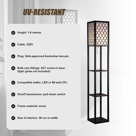 Black wooden three tier shelf floor lamp with off white shade