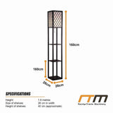 Black wooden three tier shelf floor lamp with off white shade