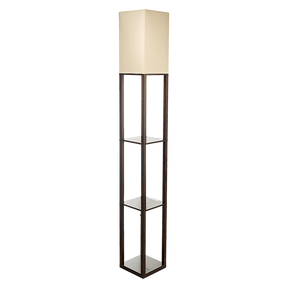 Dark brown three tier shelf floor lamp with off white shade