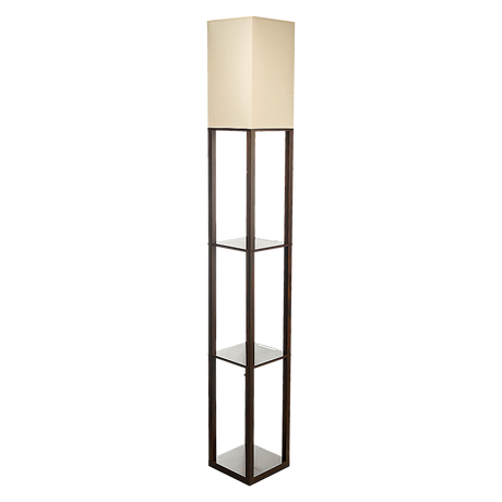 Dark brown three tier shelf floor lamp with off white shade