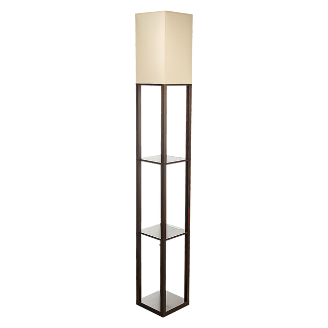 Dark brown three tier shelf floor lamp with off white shade