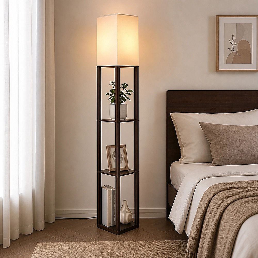 Dark brown three tier shelf floor lamp with off white shade