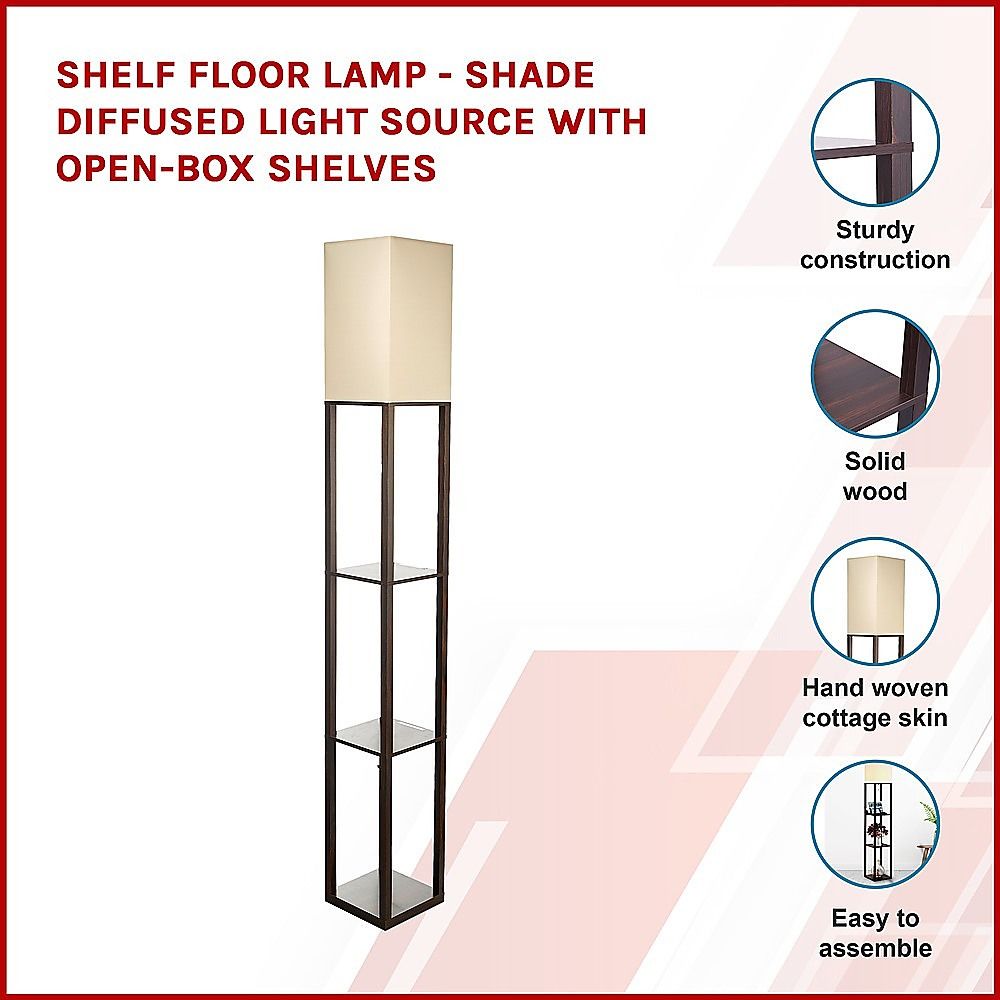 Dark brown three tier shelf floor lamp with off white shade