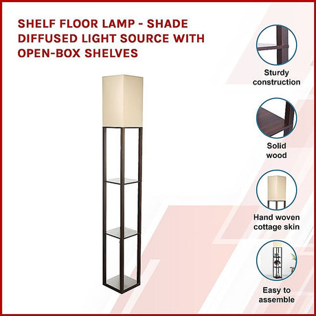 Dark brown three tier shelf floor lamp with off white shade