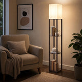 Dark brown three tier shelf floor lamp with off white shade