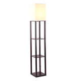 Dark brown three tier shelf floor lamp with off white shade