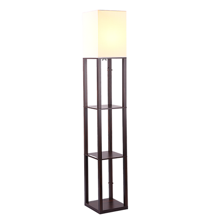 Dark brown three tier shelf floor lamp with off white shade