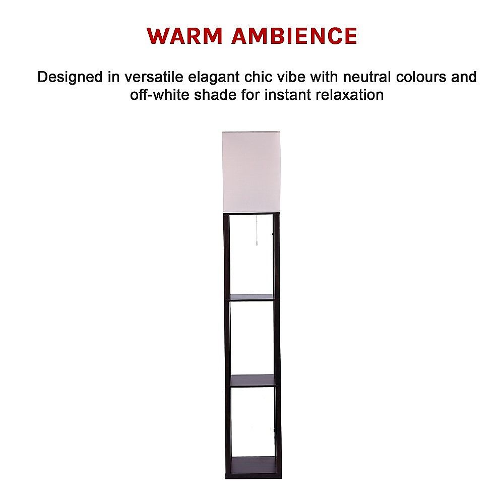 Dark brown three tier shelf floor lamp with off white shade