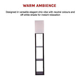 Dark brown three tier shelf floor lamp with off white shade
